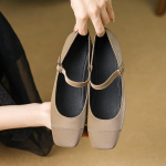 Prantsuse Retro Square Head Shallow Mouth Single Kings Naiste Kevad &Otilde;rn Haldja Pehme Lame Mary Jane Kingad 35 khaki