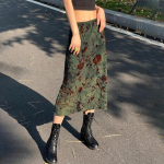 Vintage Pikk Seelik Roheline Lilleline Naiste Y2K High Street Grunge Mood Elegantne Keskmise Pikkusega Seelik 2000ndate Korea Mood L roheline