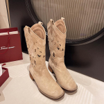 Uued Populaarsed &Otilde;&otilde;nsad Tikitud Vintage L&auml;&auml;ne Saapad Naistele S&uuml;gis Paksude Kontsadeni Ulatuvad Cowboy Saapad Naistele Nahast Ratsu Saapad 35 beež