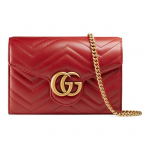Gucci GG Marmont Punane Nahk Chevron Tepingutega Mini Keti Ristkorpuseline Kott Naistele Igap&auml;evaseks Kasutamiseks Basic Set (Bag+Dust Bag)