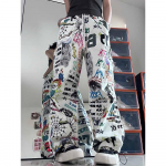Graffiti tr&uuml;kiga naiste p&uuml;ksid &Scaron;ikk mood Harajuku pingutusn&ouml;&ouml;riga laia s&auml;&auml;rega p&uuml;ksid L&otilde;dvad p&uuml;ksid Higip&uuml;ksid Streetwear Korea Y2k S beež