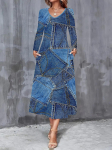 2025 S&uuml;gis ja Talv Uus Naiste Vabaaja Moodne Kleit S&uuml;gis 3D Denim-sarnase Prindiga Pikkade Varrukatega V-kaelusega A-l&otilde;ikelised Kleidid XL