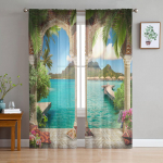 Rohelised taimed Linnaaed Arhitektuur T&uuml;ll-aknakardinad Elutuba Organza Sheer Voile kardin Magamistuba K&ouml;&ouml;k Kodukaunistus W135 x H115cm x1
