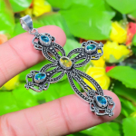 Natural Cross- Blue Topaz,Citrine Stone 925 Sterling Silver Pendant 2.68 g6q87