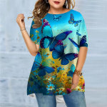 Suures suuruses naiste suvelillede mereliblikastr&uuml;kiga mugav l&uuml;hikeste varrukatega T-s&auml;rk vabaaja keskmise pikkusega T-s&auml;rk XS lilla