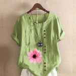 Naiste mood Lilled Prinditud &uuml;mmarguse kaelusega l&uuml;hikeste varrukatega T-s&auml;rk vabaaja puuvillane linane graafiline s&auml;rk vaba aja veetmiseks suvised pluusid S roosa