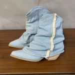 mood Uued plisseeritud p&otilde;lvega k&otilde;rge teksasaapad naistele S&uuml;gisene terava ninaga turske kontsaga kauboisaapad Naise suures suuruses Western Jeans kingad 35 sinine