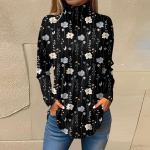 Naiste moodne vabaaja k&otilde;rge kaelusega tr&uuml;kitud pikkade varrukatega T-s&auml;rk, pullover L must