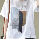 Suvine Retro Vabaaja Kirjanduslik Puuvillane ja Linane Tr&uuml;kitud Pluus Lahtine L&uuml;hikeste Varrukatega &Uuml;mara Kaelusega Pullover T-s&auml;rk XS