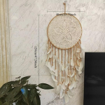 Boho makrameepuuvillane unen&auml;op&uuml;&uuml;dja ​​vaip, kootud k&auml;sitsi valmistatud boheemlaslik kunst tutiga k&auml;sit&ouml;&ouml;ornamendiga magamistoa elutoa korterisse, lasteaed beež