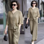 Tencel Linane &Uuml;likond Suvine Vabaaja Korea Versioon Keskealise Ema Pluus Laiade S&auml;&auml;rtega P&uuml;ksid Kaheosaline &Uuml;likond M