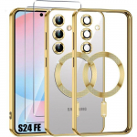 Coque pour Samsung Galaxy S24 FE - avec Anneau Magn&eacute;tique Dor&eacute; + 2 Verres Tremp&eacute;s - BOOLING&reg;