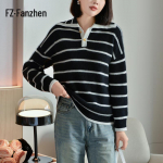 Fanzhen Women's 100% Wool Thickened Striped Lapel Sweater S