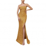 Naiste s&auml;delev litritega pikk pidulik kleit ruudukujulise kaelusega, seljaosaga, l&otilde;hikuga merineitsi l&otilde;ikega ballikleit spagettipaeltega, &otilde;htune peokleit S kuldne