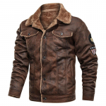 Talvised soojad nahkjakid Meeste fliisvoodriga karusnahast krae Pilot Flight Mootorrattapommitaja jope Paks vintage kunstnahast s&otilde;jaline parkmantel XXXL pruun