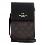 COACH N/S 11 Klassikaline Presb&uuml;oopia Logo Kaetud L&otilde;uend ja Sile Nahk Mobiiltelefoni &Otilde;la Crossbody Kott Mini Naiste Kuldne ja Pruun Must must