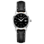 LONGINES 1832 seeria automaatne mehaaniline liikumine 30 meetrit veekindel naiste k&auml;ekell 30mm must sihver roostevabast terasest korpus nahkrihm L4.325.4.52.1 must