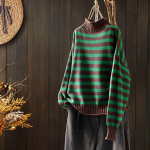 Triibuline pullover poolk&otilde;rge kaelusega naiste sviiter avara pikkade varrukatega vintage kirjandus vabaaja p&otilde;hjaga kudumine naiste kampsun One Size roheline