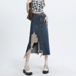 Ebaregulaarne retro teksariidest midiseelik naiste suvine k&otilde;rge v&ouml;&ouml;kohaga &otilde;huke l&otilde;hestatud A-kujuline seelik Naiste t&auml;navar&otilde;ivad vabaaja vintage Y2K sinine XS sinine