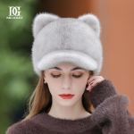 Terve naaritsa m&uuml;ts naistele talv korea armsad t&uuml;drukud, mitmek&uuml;lgne karusnahk, soojad kassi k&otilde;rvad (Aurutatud kassik&otilde;rva kujuline leib) Karusnahast m&uuml;ts M（56-58cm） must