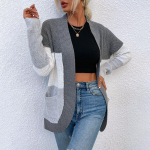 Naiste suure taskuga kootud kontrastset kampsunit S hall