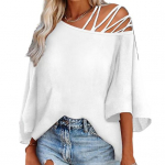 Naiste top &otilde;&otilde;nes, &uuml;ks &otilde;lg, viltune kael, &uuml;hev&auml;rviline kirjatr&uuml;kiga vaba kolmveerandvarrukatega keskmise pikkusega pehme hingav naiste T-s&auml;rk S valge