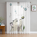Kass lilli nuusutamas Kevadine Valge T&uuml;ll L&auml;bipaistvad Kardinad Elutuppa Magamistuppa K&ouml;&ouml;ki Kaunistuseks Voile Organza Kardinad 135W x 114H(cm)
