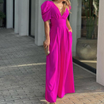IHUASU S&uuml;gisene l&uuml;hikeste varrukatega naiste mood elegantne suure suurusega laia jalaga kombinesoon XXXL roosa punane v&auml;rv