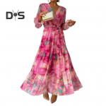 Naiste &otilde;htukleit Patchwork V kaelusega pits-up v&ouml;&ouml;koht Boheemlas stiilis latern varrukad Plisseeritud &scaron;ifoon V&auml;rviline print A-line suur &auml;&auml;ris maksikleit M roosa punane v&auml;rv