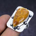 Fossil Coral Gemstone handmade 925 Sterling Silver gift Jewelry Ring Size 8 E7N02