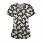 Suures suuruses tr&uuml;kitud Scrub t&ouml;&ouml;vormi topid Naistele V-kaelusega Halloweeni tr&uuml;kiga l&uuml;hikeste varrukatega l&otilde;busad T-s&auml;rgid taskutega t&ouml;&ouml;riiete T-s&auml;rk L must