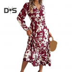 Daami kevadine s&uuml;giskleit V-kaelusega lillemustriga pikkade varrukatega, k&otilde;rge kitsa v&ouml;&ouml;kohaga A-line lendlev volangidega &auml;&auml;ris Tutvumisleht Midi-kleit S roheline