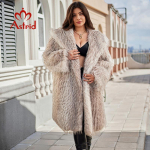 Astrid Naiste pikk kunstkarusnahast mantel, 2024. aasta talvine avara kapuutsiga v&auml;rviline karusnahast jope, stiilne naiste luksuslik karvane mantel, t&uuml;druk AN-30203 1XL kaamel