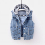 Naiste moodne kapuutsiga teksajakk, vest, naiste l&uuml;hike vest, varrukateta mantel S helesinine v&auml;rv