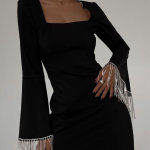 Fringe Fashion Back Hollow Flare Sleeve Midi Black kleidid L must