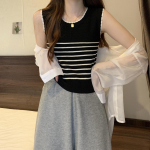 Prantsuse triibuline kootud vest naistele suvel &otilde;hukese j&auml;&auml; siidist varrukateta vestiga, millel on sisemine vooder, T-s&auml;rk ja trendikas &uuml;leriietus S