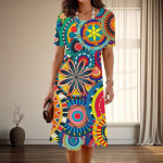 Naiste Mood Graatsiline Retro Mustriga Suvine Kevadine L&uuml;hikeste Varrukatega O-kaelusega Vabaaja Kleit XS sinine