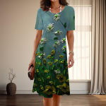 Naiste moodne graatsiline lilleprindiga suvine kevadine l&uuml;hikeste varrukatega O-kaelusega vabaajakleidid XS sinine