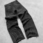RogueWave Y2k Hip Hop L&otilde;dvad Teksap&uuml;ksid Kulunud Retro Mustad P&uuml;ksid Tikand Harajuku Gooti Laiad P&uuml;ksid Streetwear P&uuml;ksid M