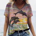 Naiste T-s&auml;rgid Dolphin Print Tops V-kaelus Mood Naiste vintage r&otilde;ivad Esteetika T-s&auml;rgid Lahti suured naljakad T-s&auml;rgid S