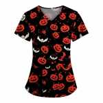 Suures suuruses tr&uuml;kitud Scrub t&ouml;&ouml;vormi topid Naistele V-kaelusega Halloweeni tr&uuml;kiga l&uuml;hikeste varrukatega l&otilde;busad T-s&auml;rgid taskutega t&ouml;&ouml;riiete T-s&auml;rk L