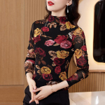 Uus Winter Style Plus Velvet Mesh pikkade varrukatega T-s&auml;rk naiste tr&uuml;kitud poolk&otilde;rge kaelusega s&auml;rgile, vanust v&auml;hendav pullover 4XL