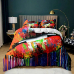 Huule Tekikoti Komplekt Kuldne Huule Voodipesukomplekt Seksikas T&auml;iskasvanud Paar &Uuml;hekohaline Pol&uuml;ester Tekikott 3D Suudlusj&auml;ljed Kahekohaline Queen King Suurus 135x200cm