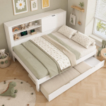 Diivanvoodi Kahekohaline 140x190 cm V&auml;ljat&otilde;mmatava Voodiga 90x190, Valge Raam, Panipaiguga Seljapaneel, Sahtel, Peidetud Panipaik, USB/USB-C, Lamellid, Ilma Madratsita 198 x 170 x 100 cm valge