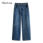 Suuruses Naiste Luksuslikud Teemantidega Sirged Teksap&uuml;ksid Elastsusega V&ouml;&ouml;koht Sinised Vabaaja L&otilde;dvad Laiad S&auml;&auml;rega Denim P&uuml;ksid Elegantne Naiselik Daamide Teksap&uuml;ksid XL-5XL 5XL gray
