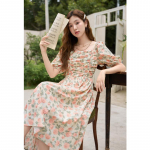 Mishow naiste kleit 2023. aasta suvine uus 100% puuvillane nelinurkne kaelarihm lilleline vintage elegantne tr&uuml;kkimine igap&auml;evane A-kujuline kleit MXC33L1397 S oranž