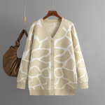 S&uuml;gis- ja talvine naiste silmkoeline kardigan kampsun Jacquard kootud kampsun V-kaelusega pika joone mustriga lahtine jakk One Size khaki