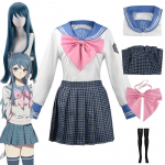 Anime Danganronpa Maizono Sayaka Cosplay Kost&uuml;&uuml;m Koolivorm Cyaan Parukas S&auml;rk Seelik Sokid Komplektid Halloweeni karnevalir&otilde;ivad L-(Costume+Wig)