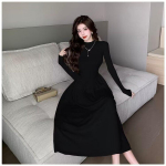 Vintage pikad mustad punased kleidid s&uuml;gistalvised pikkade varrukatega kootud kleit Franchi stiilis elegantsed naiste A-seeria p&otilde;hilised vestid S must