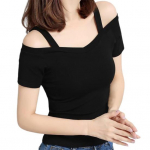 Off Shoulder Sling L&uuml;hikeste varrukatega naiste T-s&auml;rk Suvine &uuml;hev&auml;rviline Slim Pullover Top Streetwear 2XL must